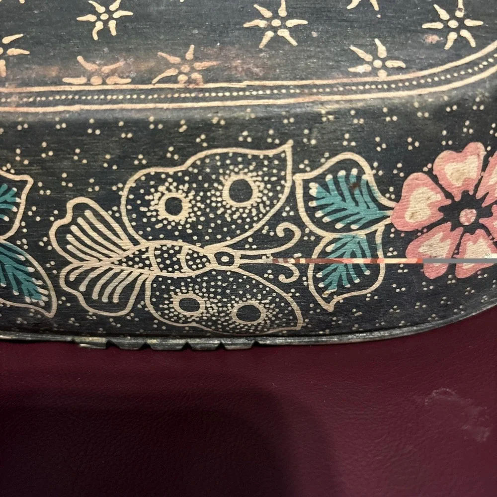 Vintage Hand Carved Wooden Bowl Floral Painted Folk Art Decorative Tray Rustic